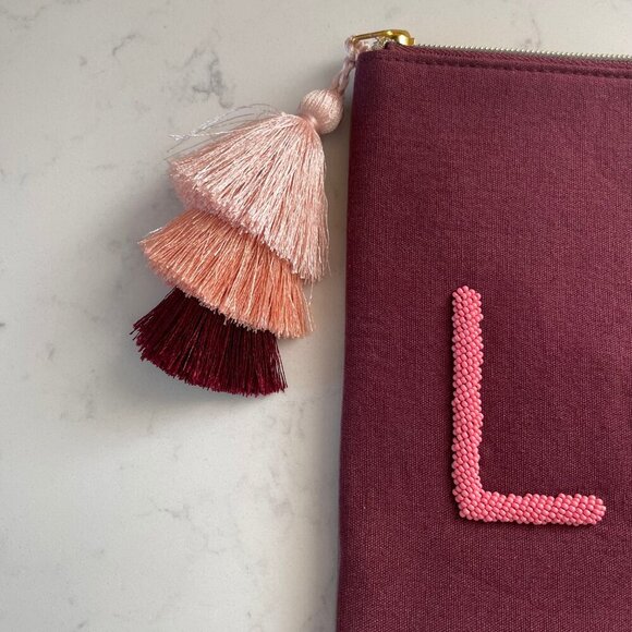Stella & Dot 'LOVE' Retired Lined Zip Clutch w Tassel Burgundy + Pink OS NWOT - Picture 3 of 13